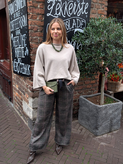 Lian Geruite pantalon met strikceintuur - Groen / camel / creme