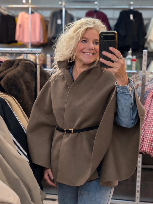 Moons poncho met riem - Donker taupe