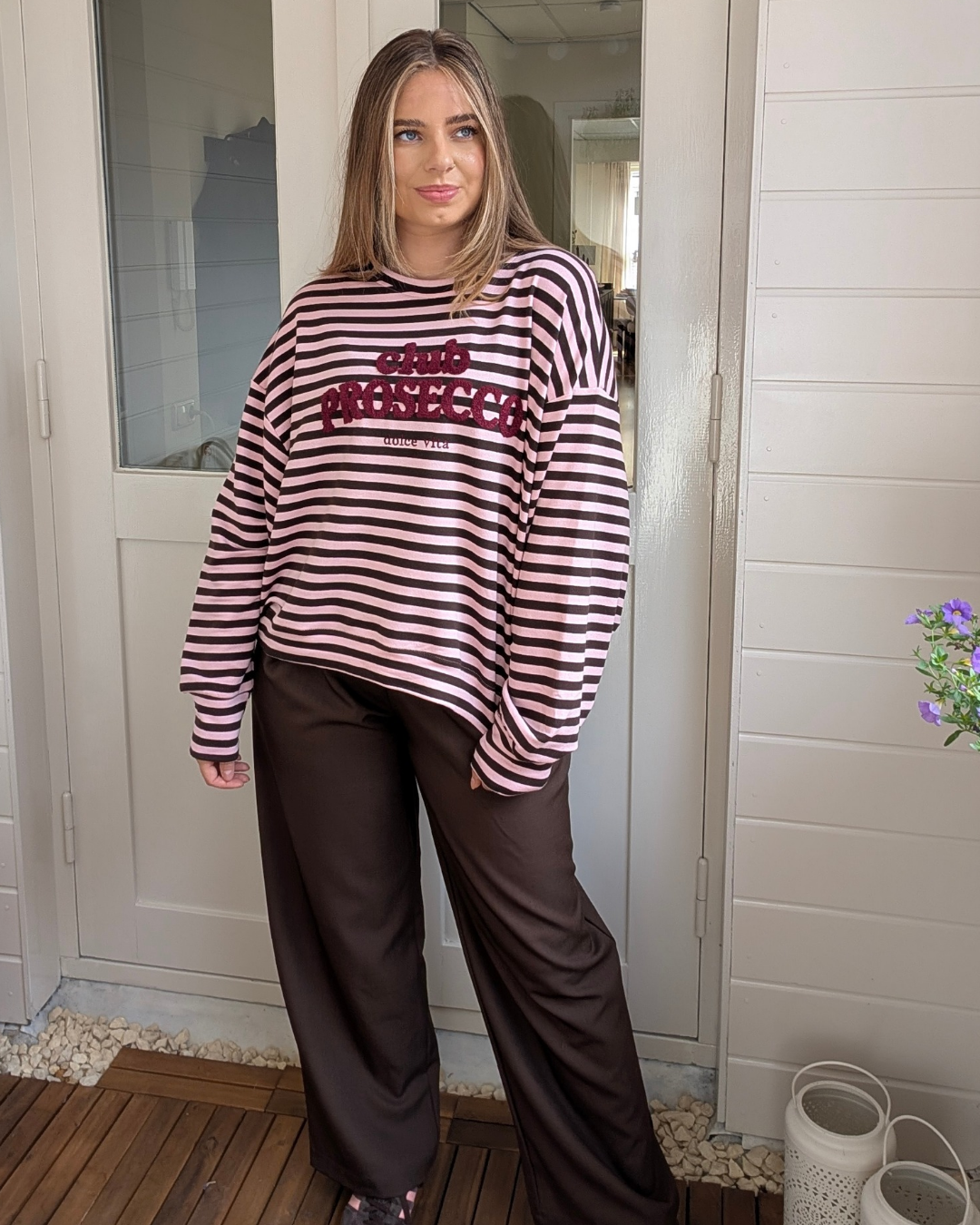 Prosecco Stripe Longsleeve - Bruin/Roze