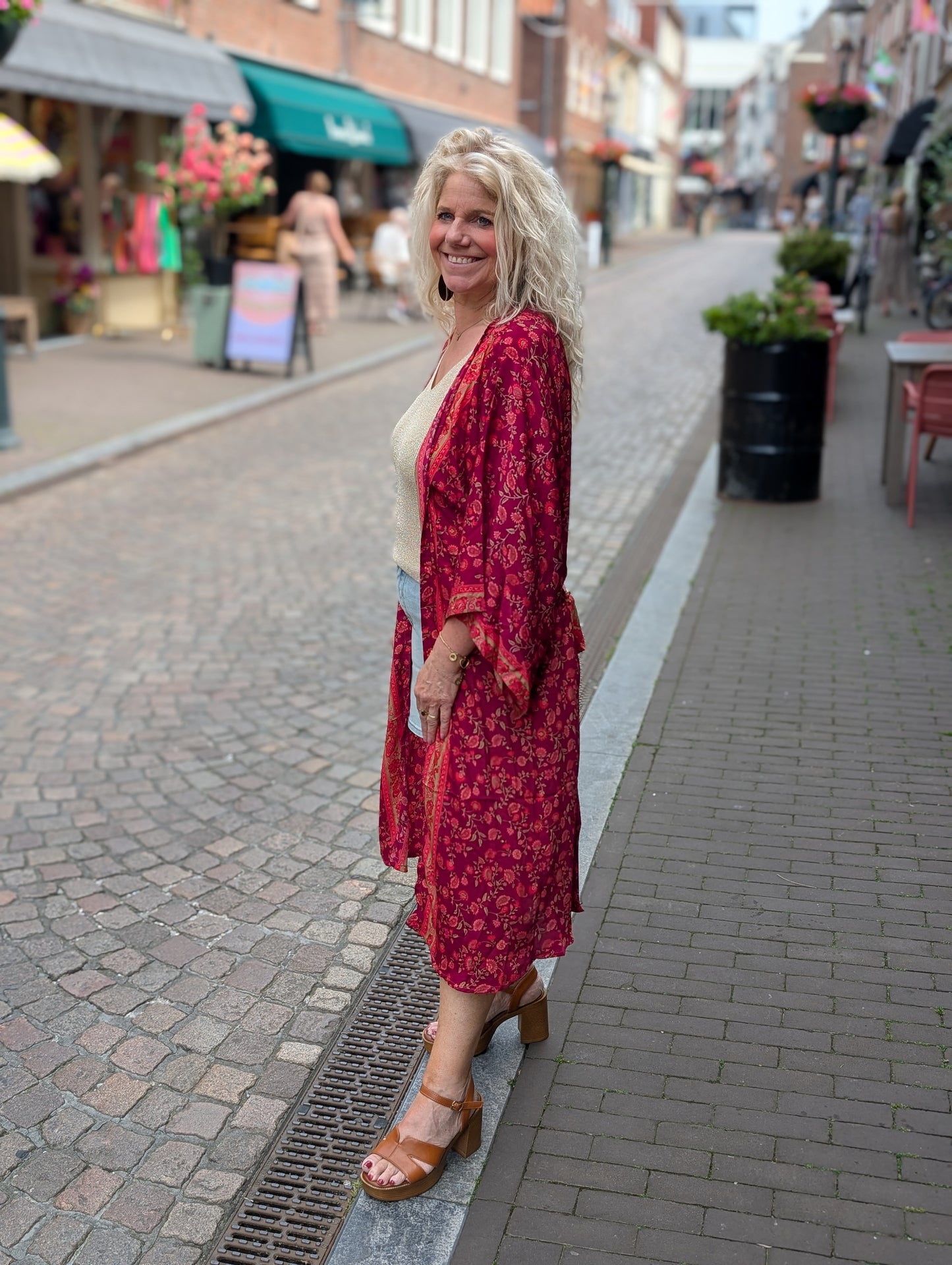 Lange kimono bloemen - Bordeaux/Rood
