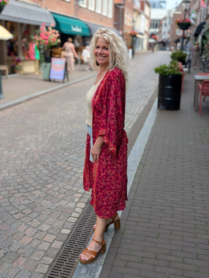 Lange kimono bloemen - Bordeaux/Rood