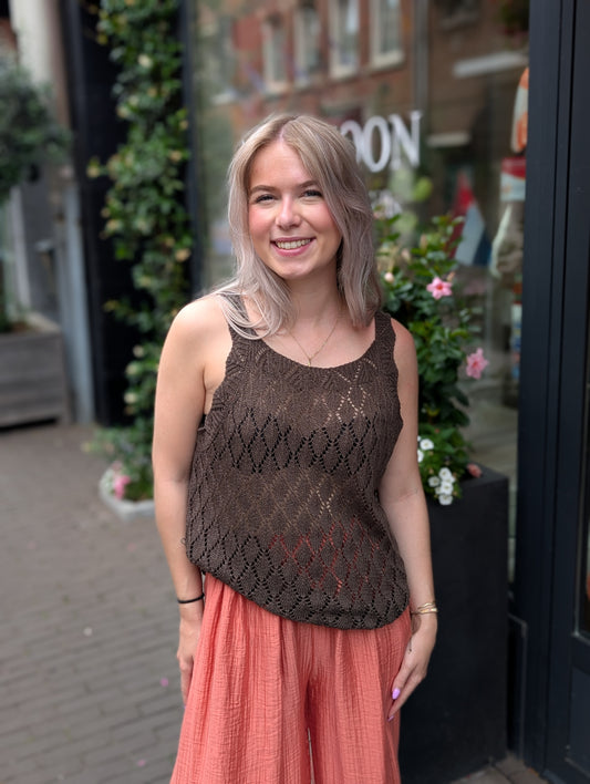 Ajour gebreide top - Donkerbruin