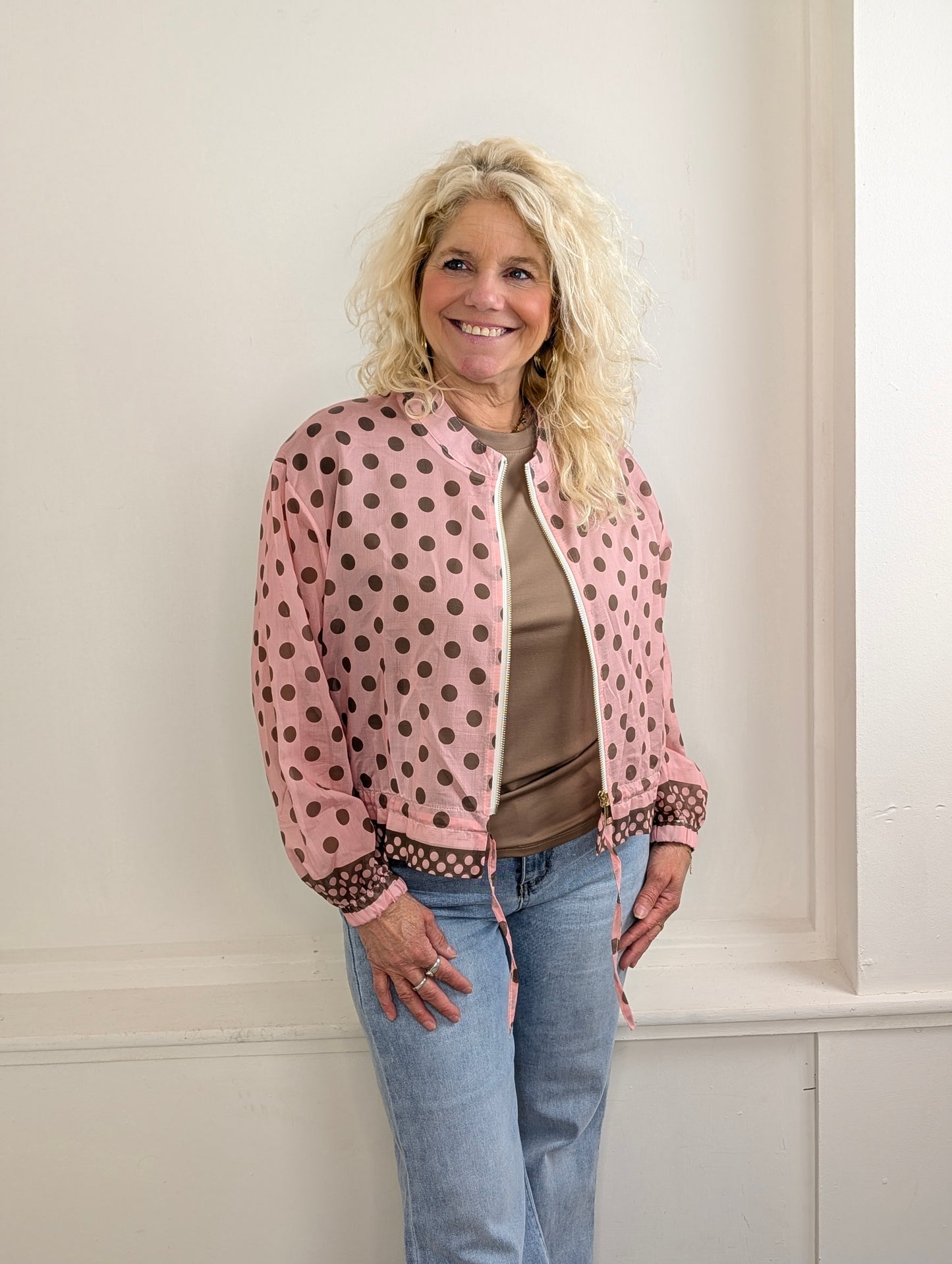 Blouse/vest bomber Polkadots - Roze/Bruin