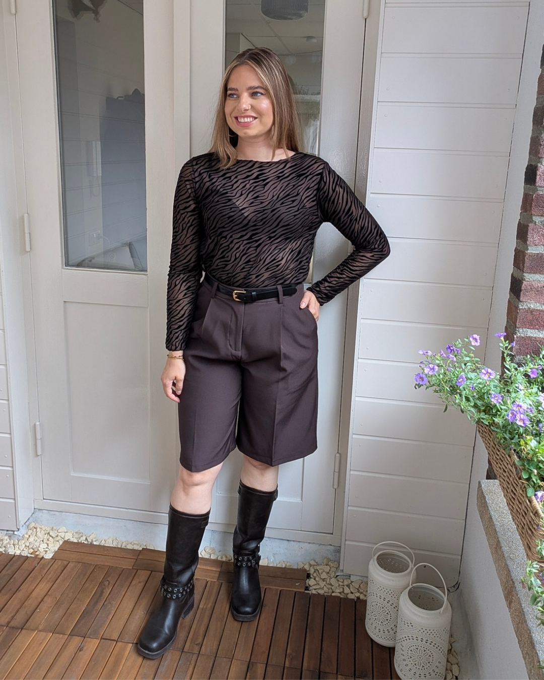 Zebra print mesh top - Bruin/Zwart