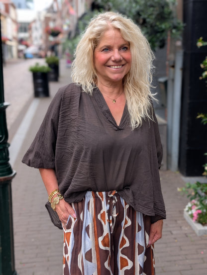 Luchtige katoenen blouse ballon mouw - Donkerbruin