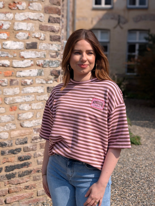 C’est l’Amour: Striped Oversized Knit - Bruin/Roze