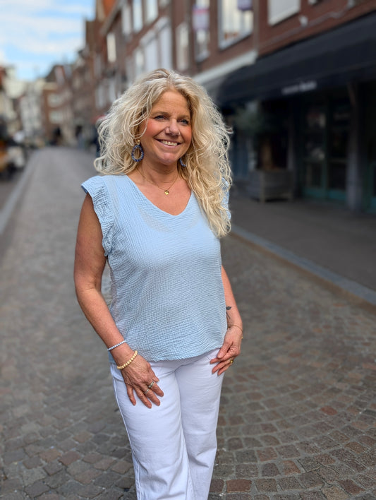 Katoenen ruffle top v-hals - Lichtblauw