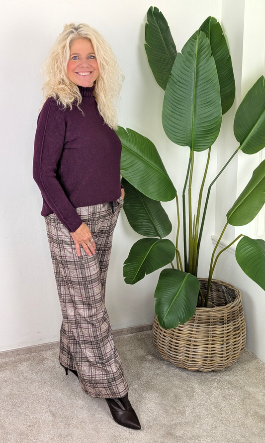 Lian Geruite pantalon met strikceintuur - Taupe / bruin / bordeaux