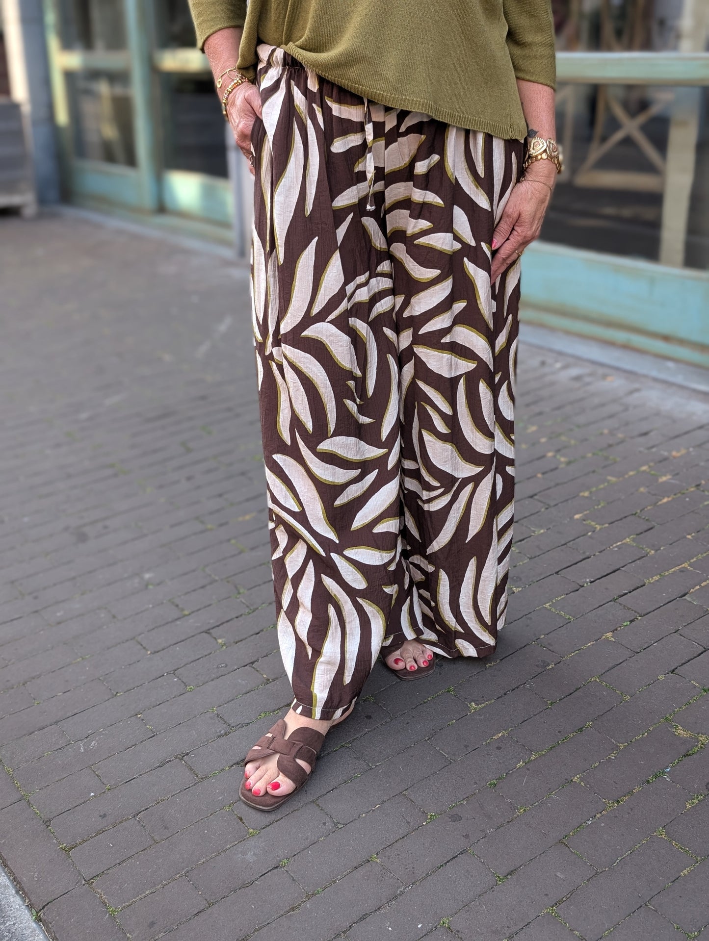 Bobby print broek - Pistache/ bruin / creme