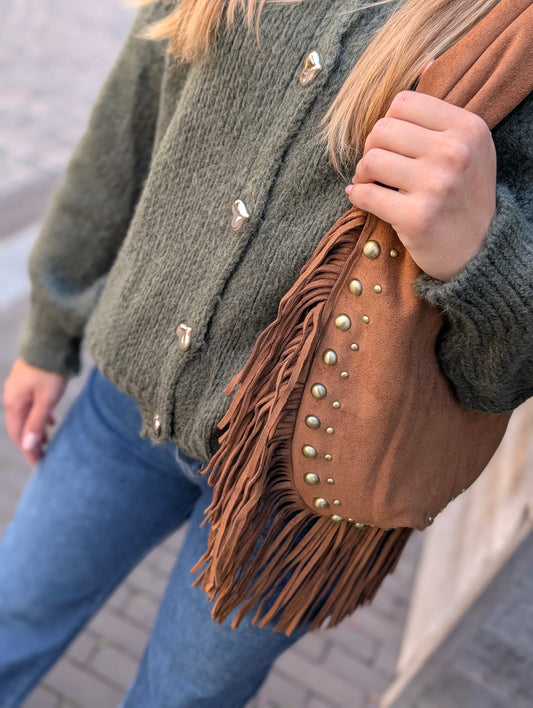 Suède look tasje met franjes en studs - Cognac