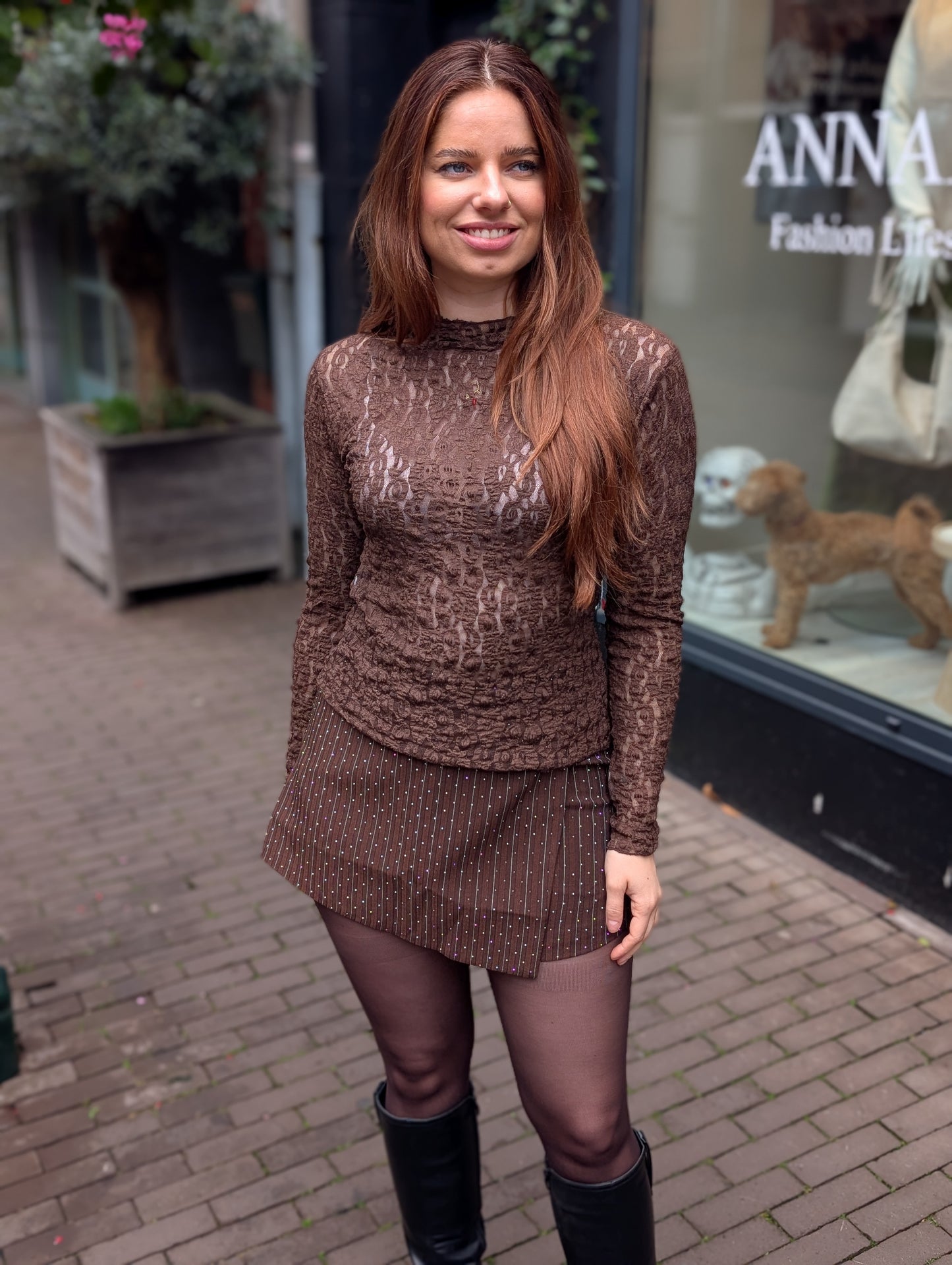 Vallery kanten top - Bruin