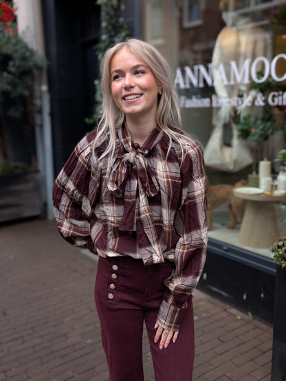 Geruitte strik blouse - Coffee