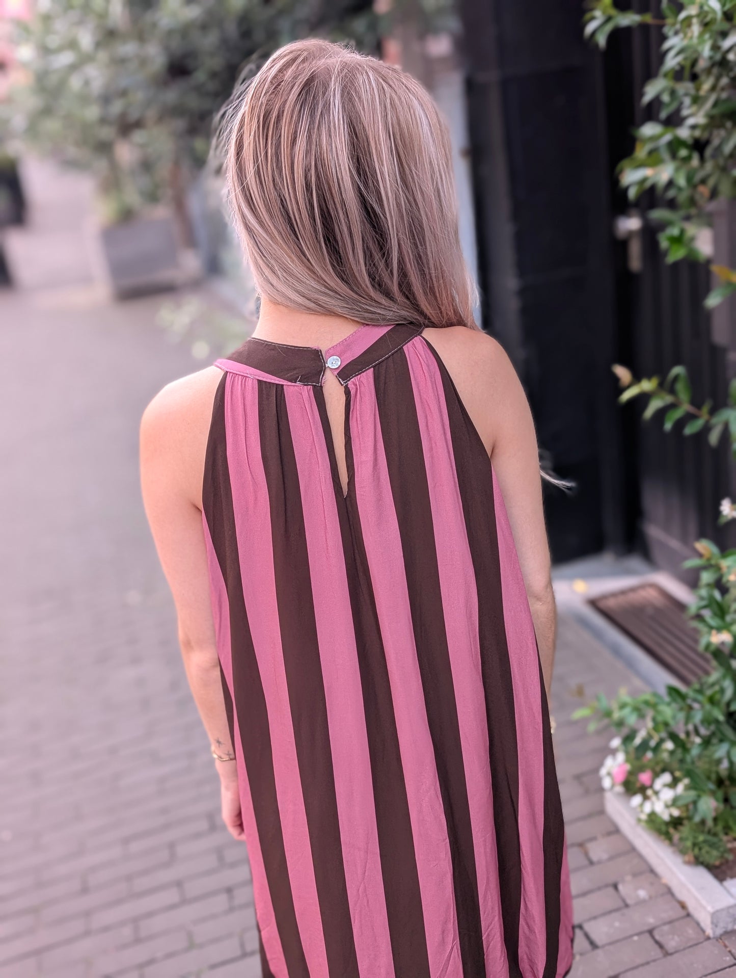 Gestreepte ballon jurk - Roze/Bruin