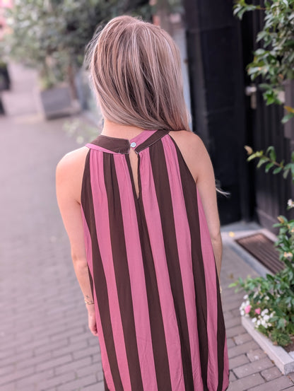 Gestreepte ballon jurk - Roze/Bruin