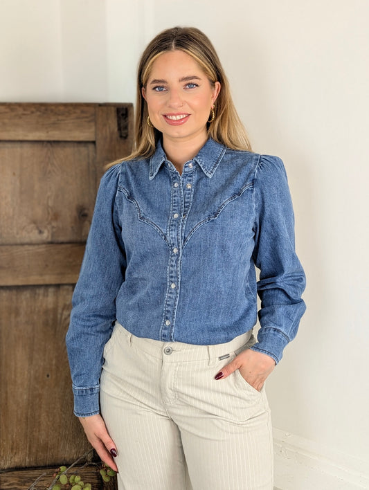 Red Button Victoria Blouse Denim - Mid Stone