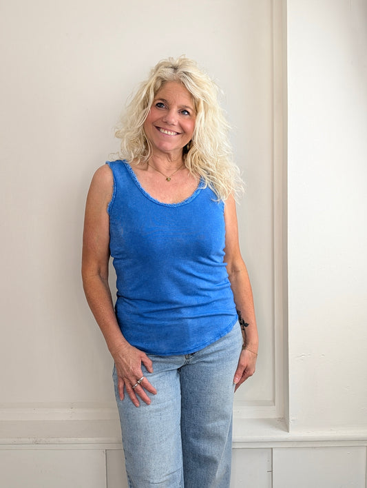 Frayed Edge Ribbed Top - Kobaltblauw