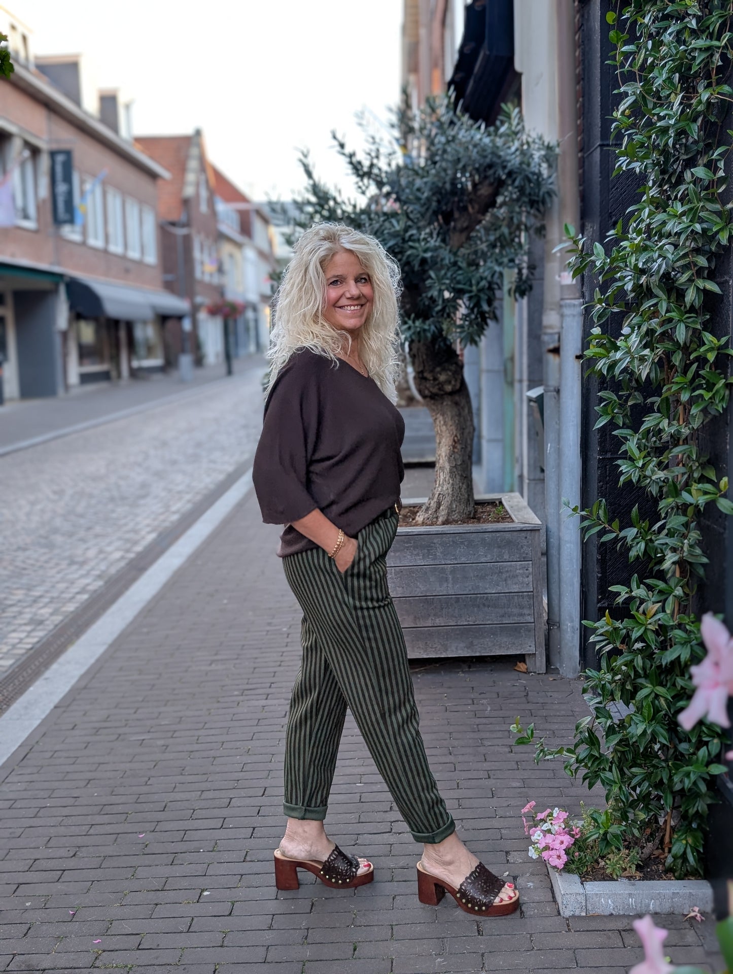 Lay streep pantalon met riem - Groen / zwart