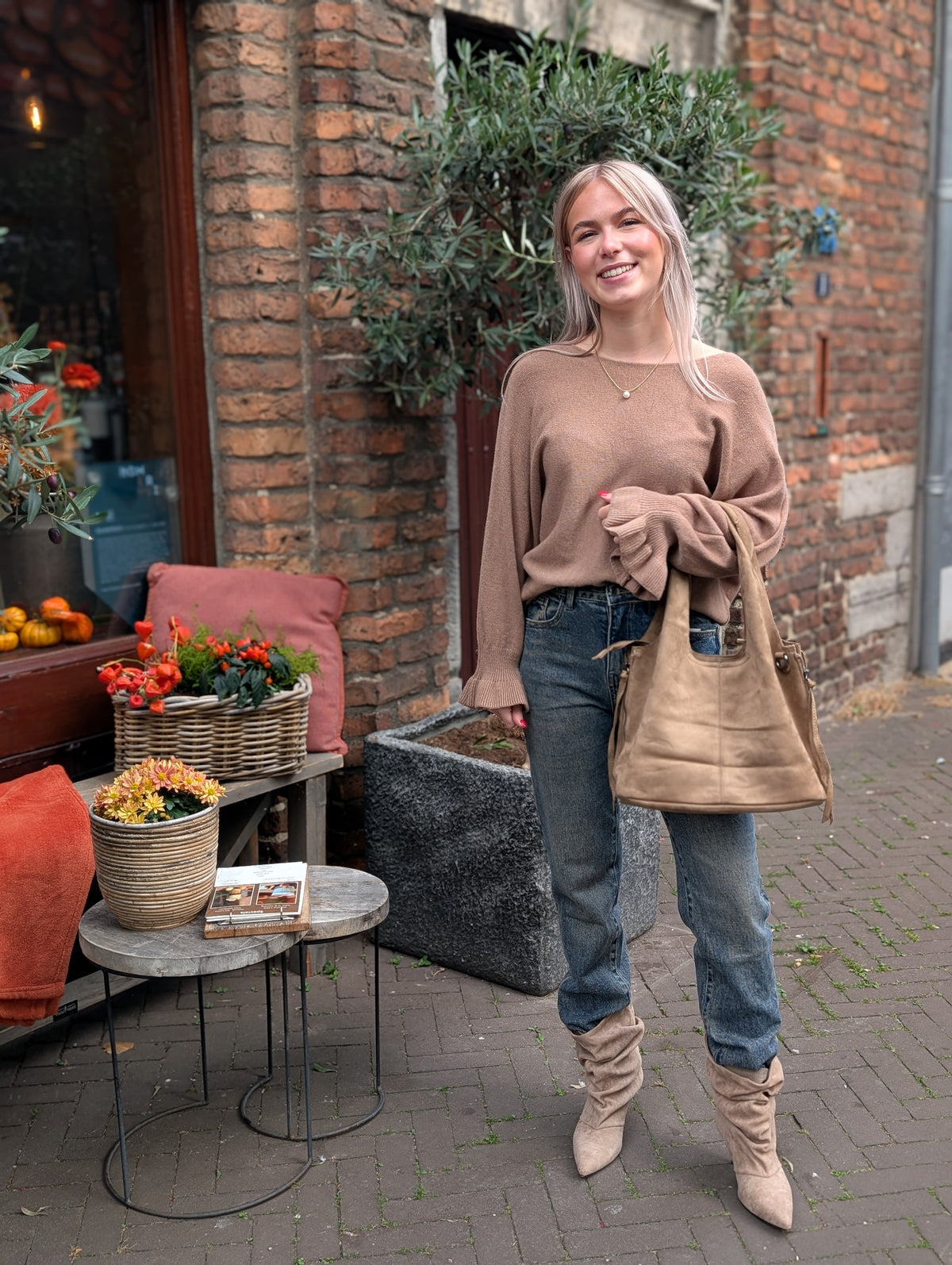 Vleermuis rouches mouw trui - Caramel