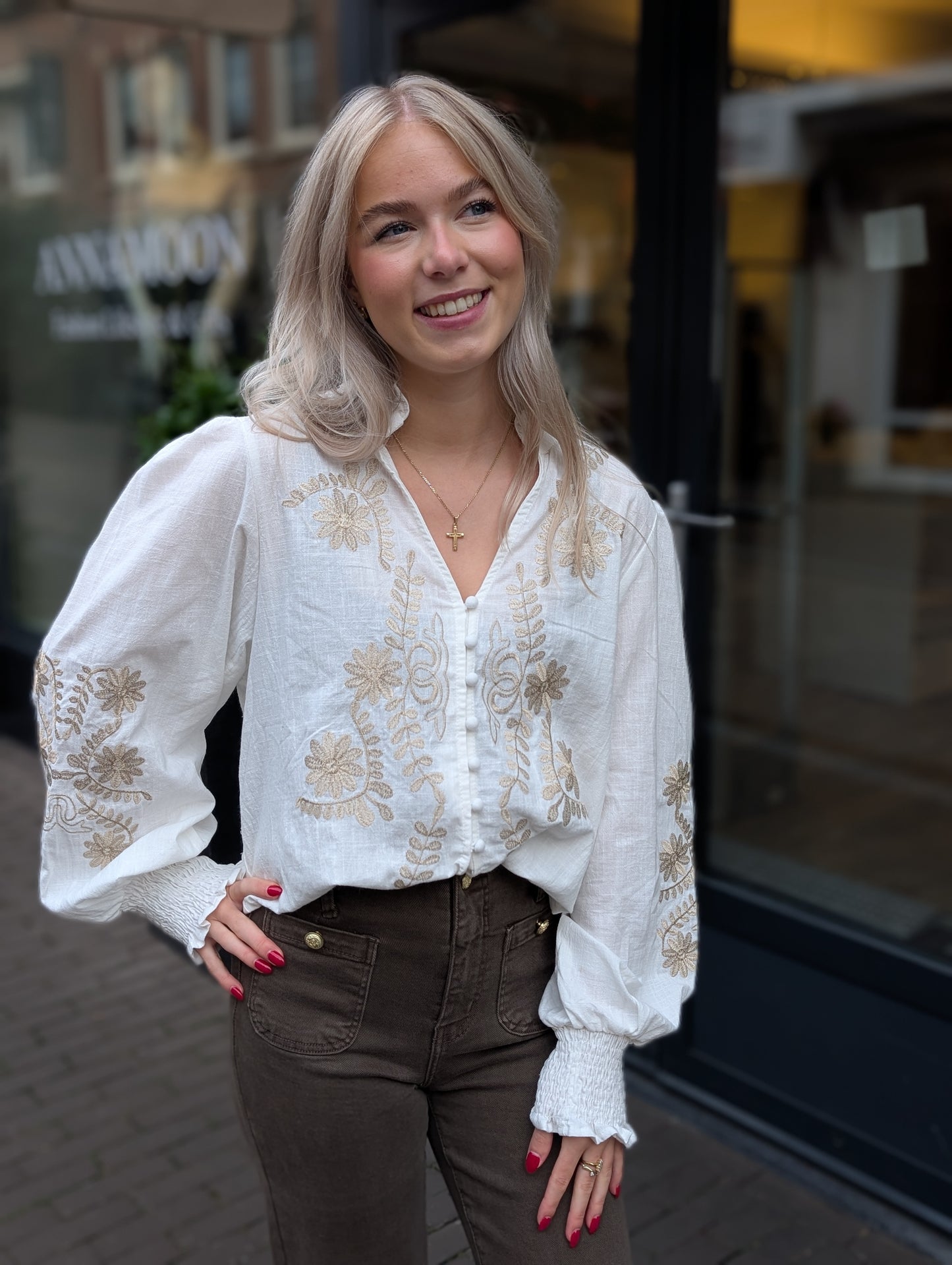 Eef blouse met bloemen - Off white/ goud