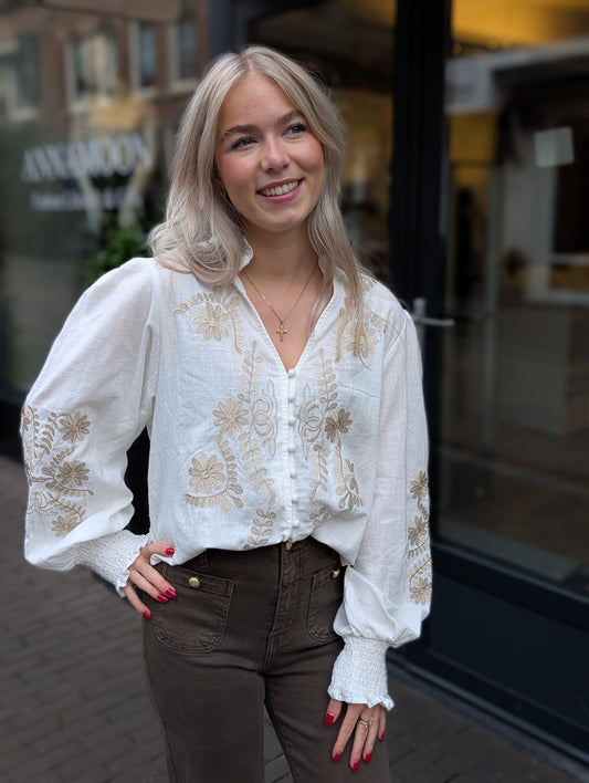 Eef blouse met bloemen - Off white/ goud