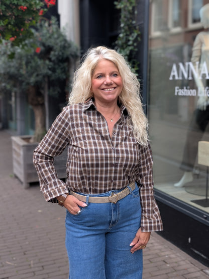 Leontine ruitjes blouse met glitterjes - Bruin tinten