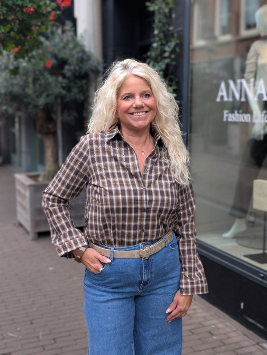 Leontine ruitjes blouse met glitterjes - Bruin tinten