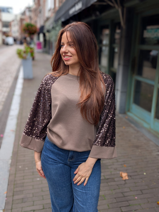 Gloria trui met pailletten - Taupe