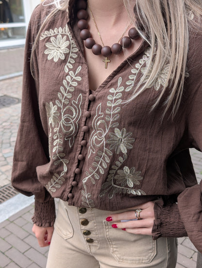 Eef blouse met bloemen - Bruin/Champagne
