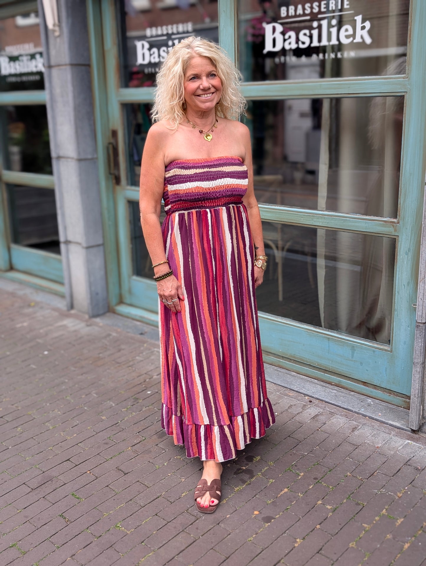 Off sholder stripe jurk - Magenta / creme / brique/ aubergine