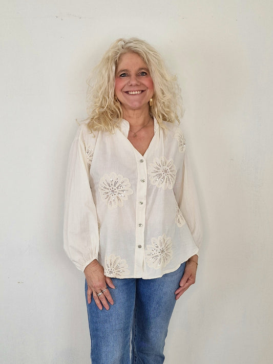 Anne blouse bloemen - Beige