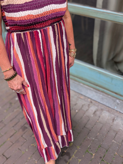 Off sholder stripe jurk - Magenta / creme / brique/ aubergine