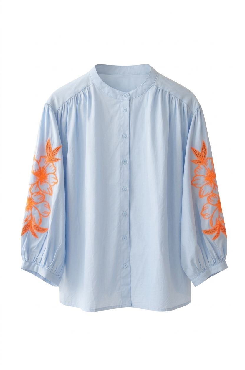 Emi Embroidered Blouse - Sky Blue/orange