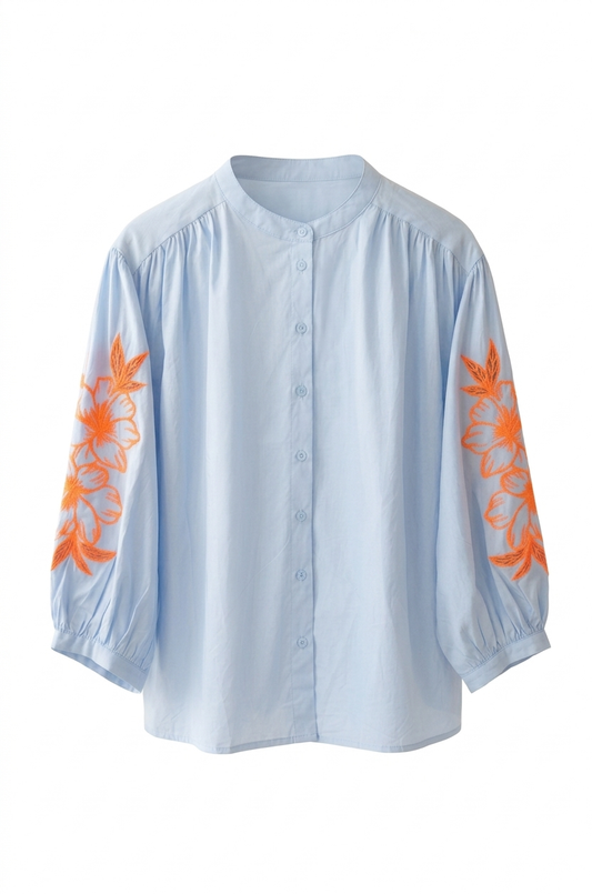 Emi Embroidered Blouse - Sky Blue/orange