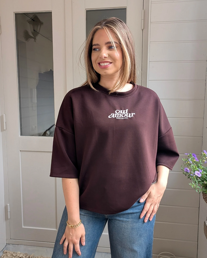 Oui Amour Short Sleeve Sweater - Bruin-Diep Bordeaux/Roze