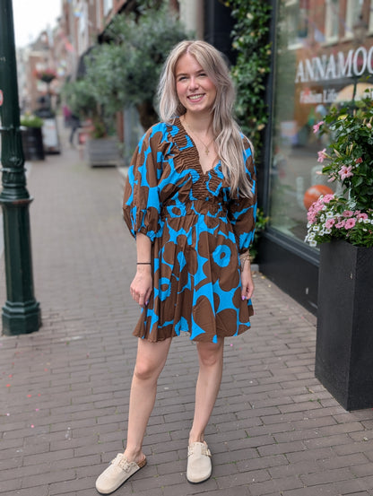 Korte jurk met smok details - Bruin/Blauw