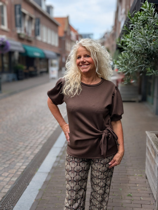 Lis strik shirt met pof mouw - Bruin