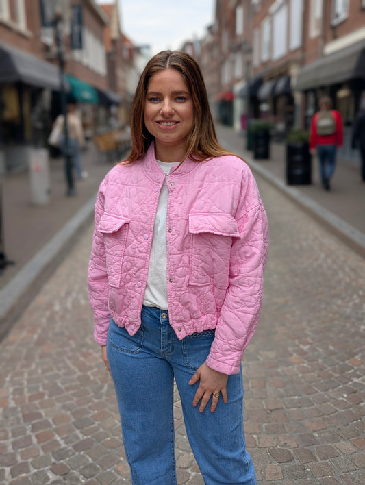 Doorgestikt flower bomber jasjes - Roze