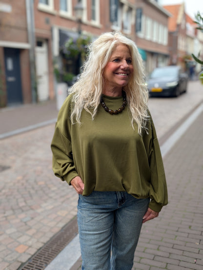 Moise jersey trui met elastiek onderin - Olijf groen