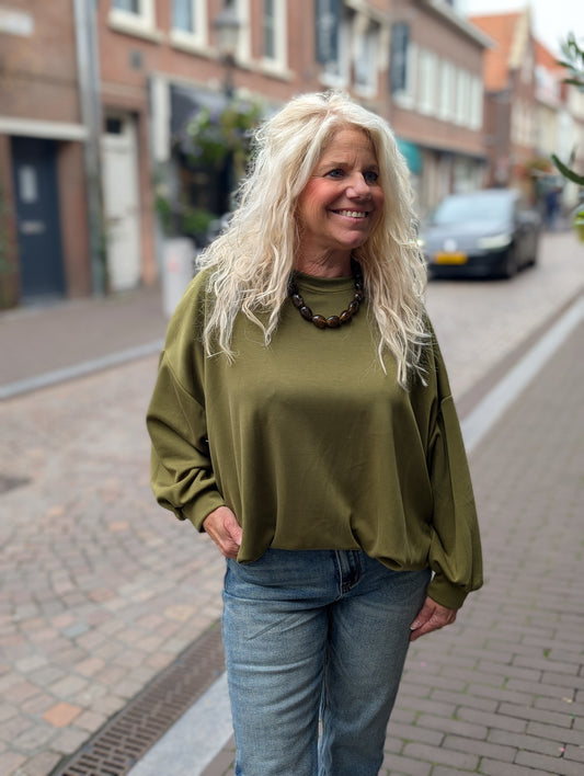 Moise jersey trui met elastiek onderin - Olijf groen