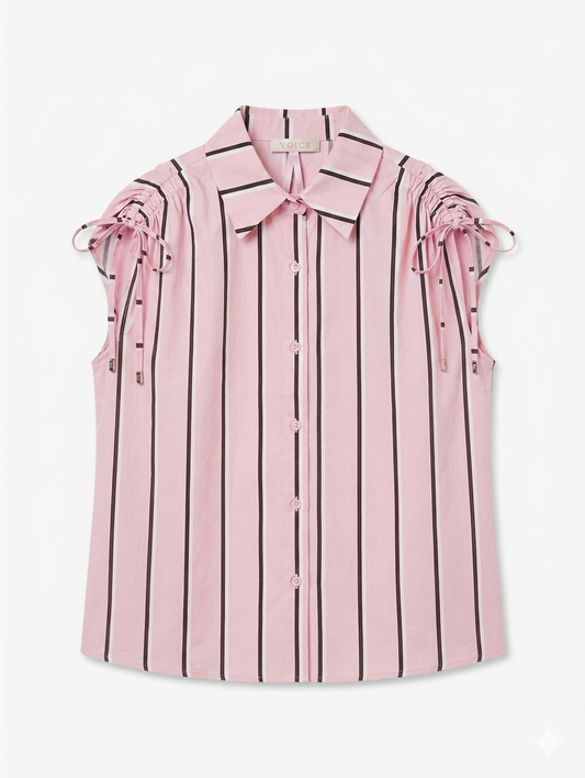 The Serene Stripe Bow Top - Bruin/Lichtroze
