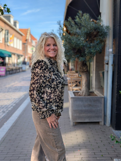 Say flower blouse - Zwart / beige / taupe