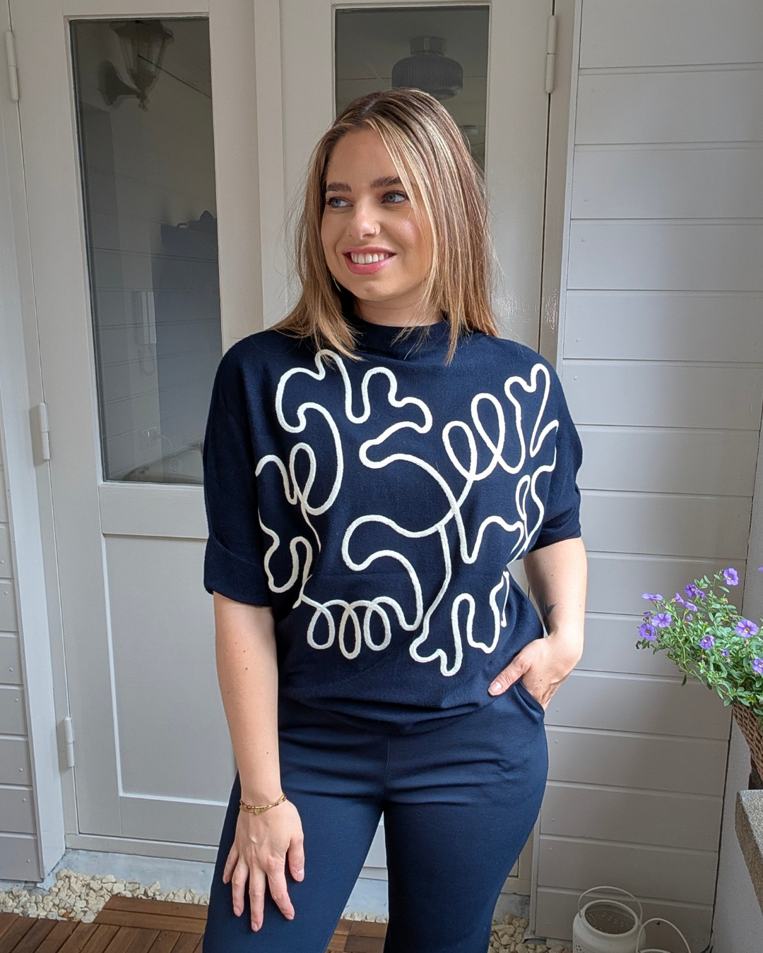 Nova Trui met Koorddessin - Donkerblauw