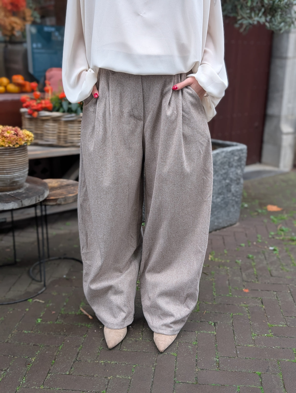 Tailo barrel ruitjes pantalon - Ecru / bruin