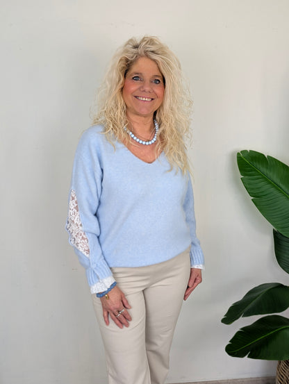 Lens trui met kant - Licht blauw