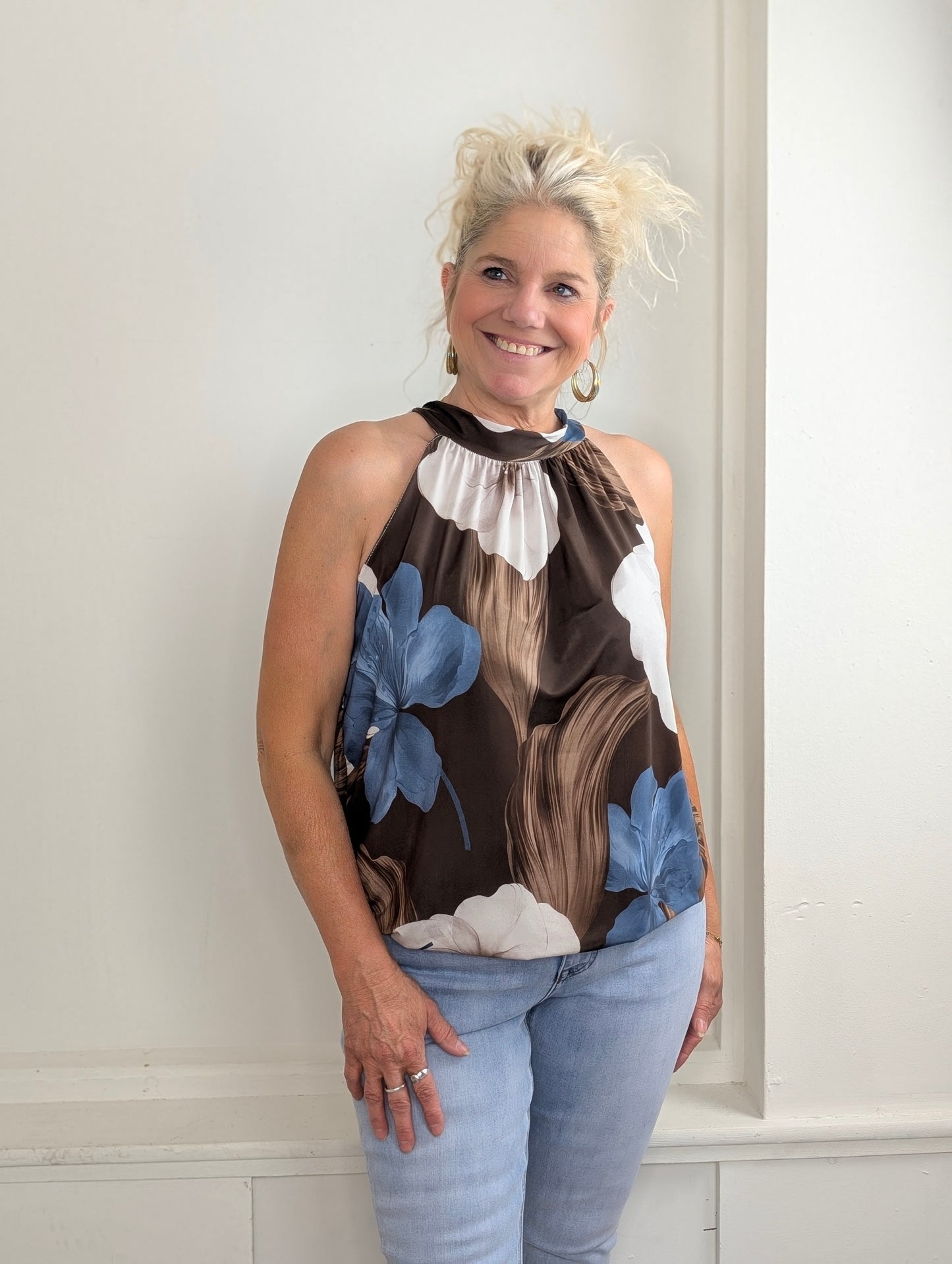 Haltertop big flower mix - Blauw/Bruin
