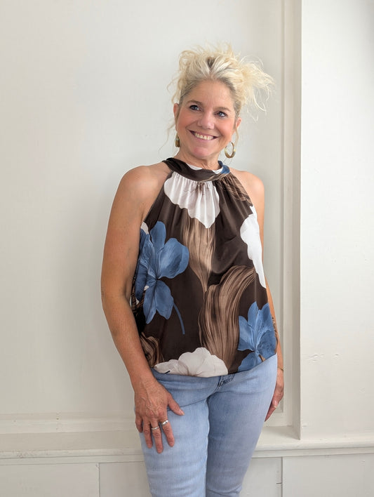 Haltertop big flower mix - Blauw/Bruin