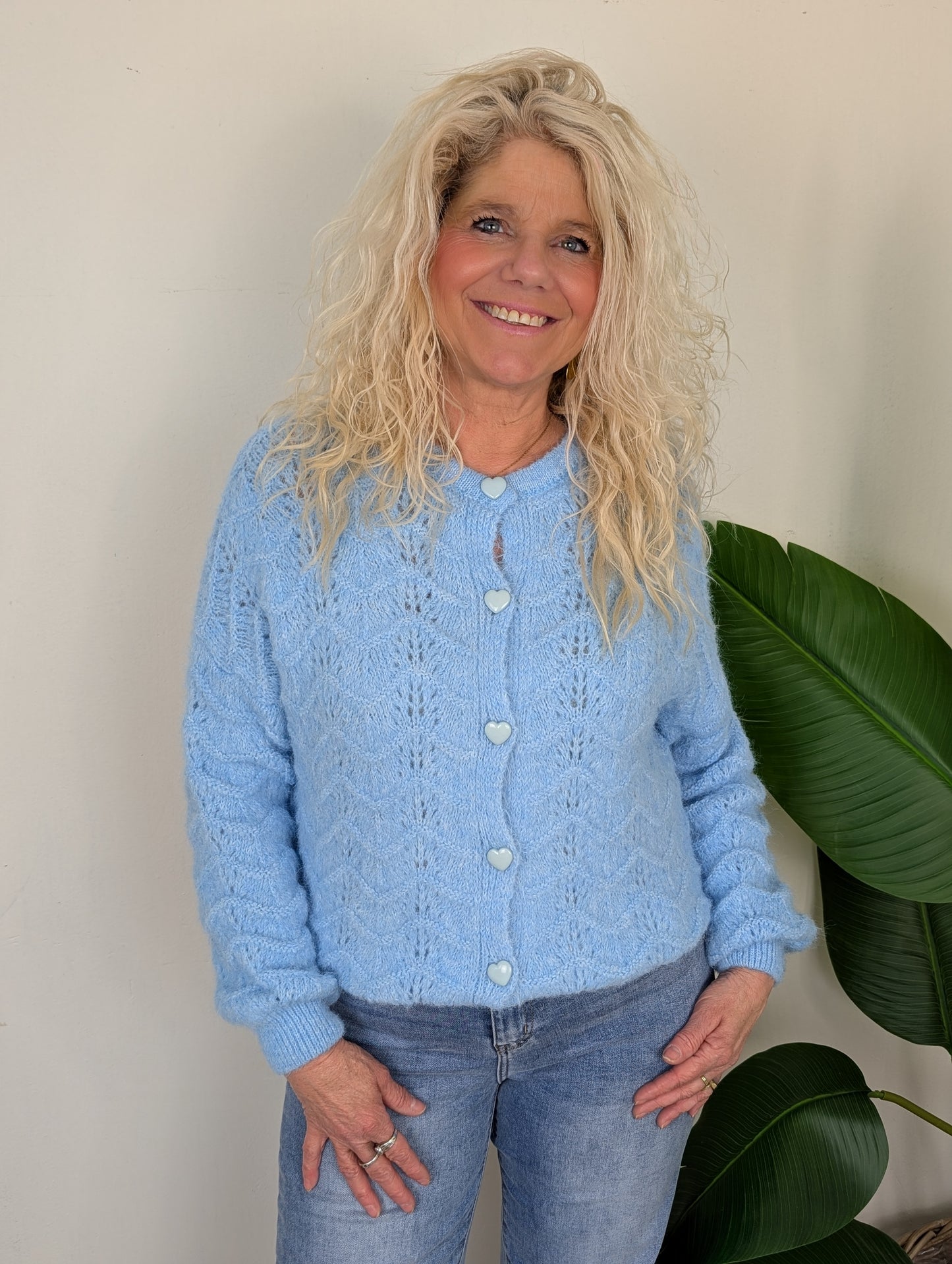 Ajourgebreid Vest met Hartjes knopen - Blauw