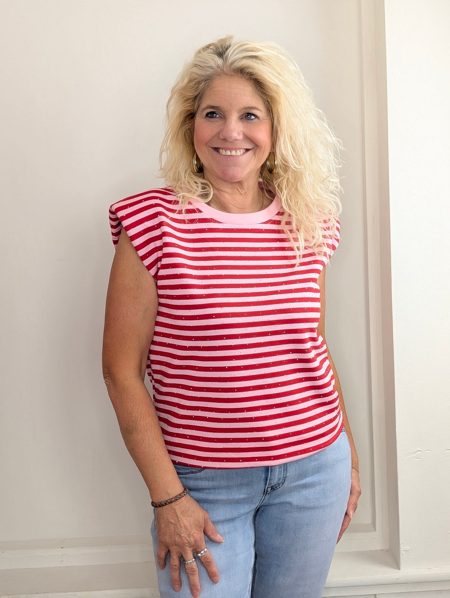 Basy streep glitter top - Roze /rood