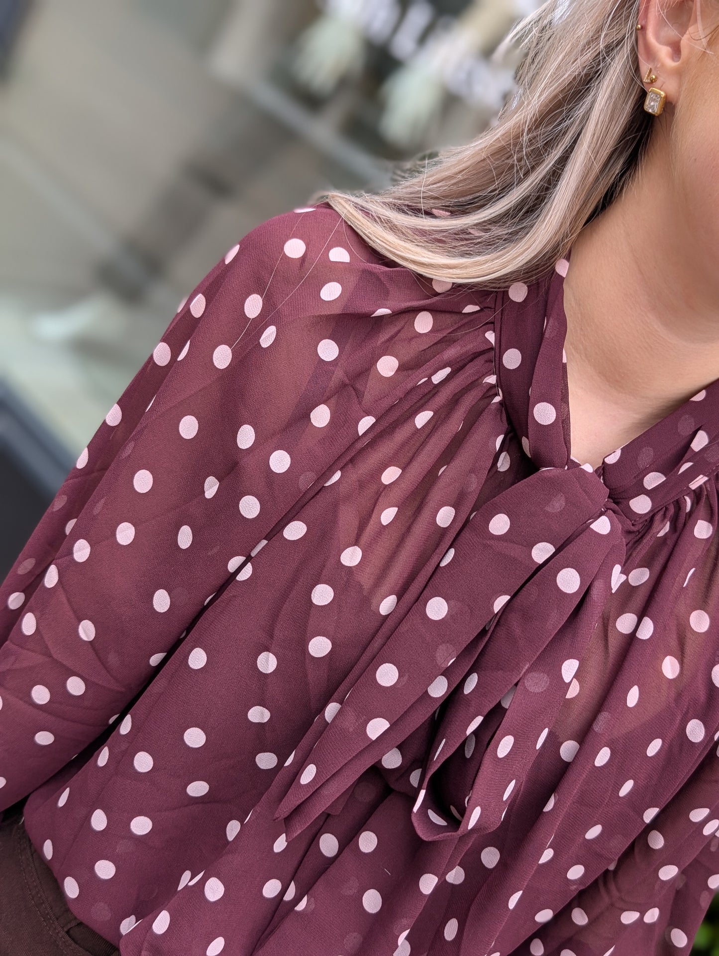 Dots strik blouse - Wijn rood/ creme