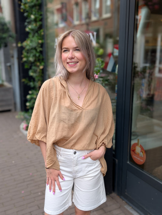 Luchtige katoenen blouse ballon mouw - Camel